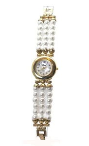 PEARL: ROUND FACE THREE ROWS OF PEARL BAND QUARTZ WATCH - Picture 1 of 4