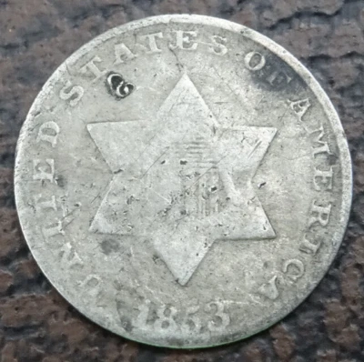 1853 Three Cent Silver US Mint 3C Coin Trime Type Coin Damaged Scratched - Image 1 of 3