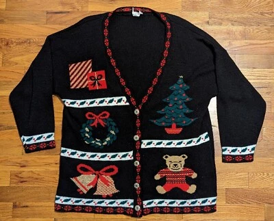 Vtg Nutcracker Black Christmas Cardigan Sweater - Women's 1X - Button USA - Ugly - Image 1 of 4