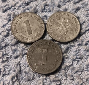 3 Damaged World War 2 1 Reichspfennig ,Germany , See Photos!! 1942 1943 1944 - Picture 1 of 20