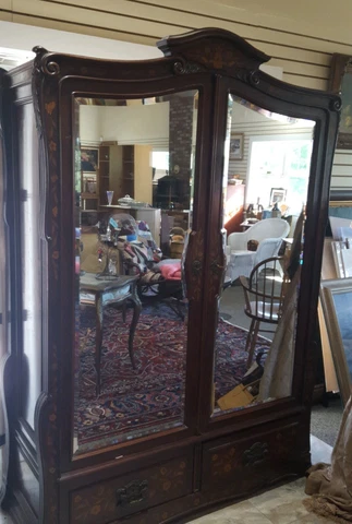 ANTIQUE MIRRORED DOUBLE DOOR 2 DRAWER ARMOIRE WARDROBE FLORAL INLAY Cover