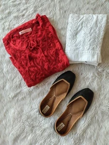 Valentine Special Red Handmade Muslin Chikankari A-Line Kurti with Pant - Picture 1 of 4