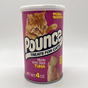 1991 Vintage leere Dose Pounce Katzenleckerli - Thunfischgeschmack - 1990er Haustier Requisite Dekor - Bild 1 von 7