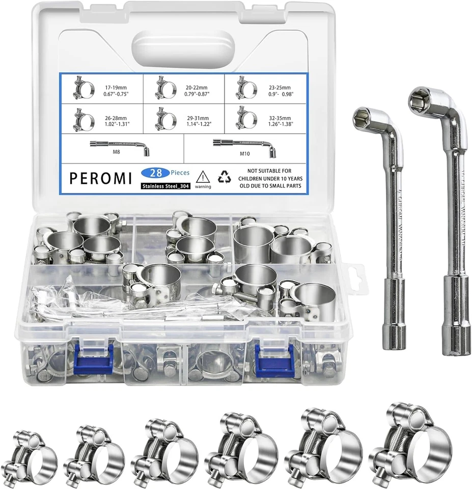 BRANDED T-Bolt Hose Clamps, PEROMI 28Pcs 6 Size Heavy Duty Hose Clamps Assortment Kit