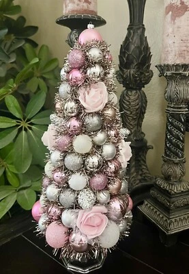 HANDMADE SHABBY CHIC ROSES PINK SILVER CHRISTMAS TREE CENTERPIECE DECOR 17" - Image 1 of 4
