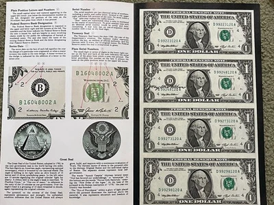 Mary Withrow SIGNED 1993 Federal Reserve Uncut Sheet 4 $1 Dollar Bank Notes HTF - Image 1 of 4