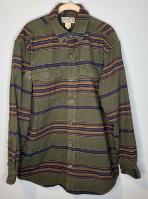 Men’s Duluth Trading Shacket Medium Green Long Sleeve Button Front Stripes - Image 1 of 4