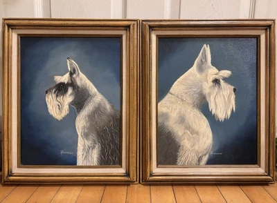 Set Of 2 Vintage Memorial Oil Painting Portraits Of Schnauzer Dogs, Dog Wall Art - Image 1 of 4