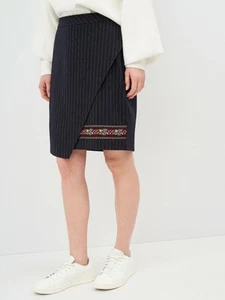 Desigual Women Wrap Skirt Knee Length Black Cotton Striped Wa7 Size L EU 42 W32 - Picture 1 of 2