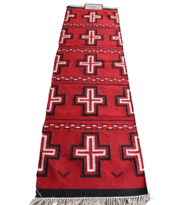 SOUTHWESTERN Wool Navajo Kilim Rug 2x8ft Handmade Red and Beige CAUCASIAN STYLE - Image 1 of 3