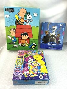 Children's Puzzles Mixed Lot of 3 Lisa Frank Frozen Snoopy and Friends Complete