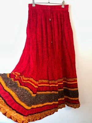 Vintage Bohemian Skirt Size 6 8 10 Long Red Geometric Drawstring Boho Bohemian  - Image 1 of 4