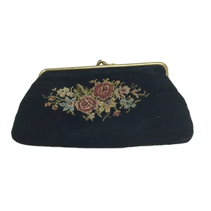 Bolso sin asas vintage con beso floral negro punta de aguja cambio 7" x 3,5" rosas flor - Imagen 1 de 9