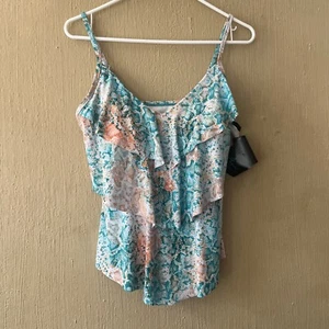 AQUA GREEN - Size Small Ruffle Tiered Tankini Swim Top NWT Green Orange swimsuit - Picture 1 of 12