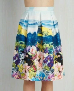 FROCK SHOP XS Blue Pleated Landscape Flower Skirt w Pockets ModCloth NWT - Picture 1 of 6