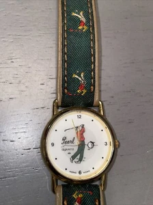 Vintage Pearl Golfuhr Leder Quarz goldfarben Armbanduhr drehbarer Golfball - Bild 1 von 9