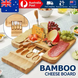 Bamboo Cheese Board & Knife Set Wooden Serving Cutting Chopping Boards & Knives - Picture 1 of 11
