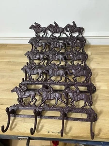 5 Horse & Jockey Cast Iron Coat/Hat /Hooks Rack Stables Pub Horse Racing Heavy - Picture 1 of 7
