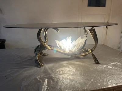 Table Basse Richard Faure Gypse Et Laiton Doré Époque 1970 - Photo 1/4