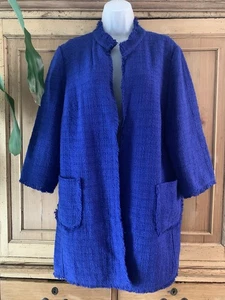 Chico blaue offene Strickjacke Jacke strukturierter Tweed Fransenbesatz Taschen Damengröße 3X - Bild 1 von 11