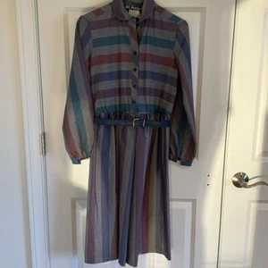 Vintage K.C. Petites Belted Collared Dress Size 8 Multi-Striped Long Sleeve - Picture 1 of 10