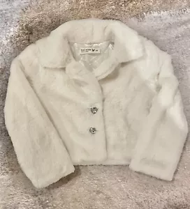 Knit works Faux Fur White Lined Jacket With Heart Shaped Rhinestone Buttons 5T - Picture 1 of 4