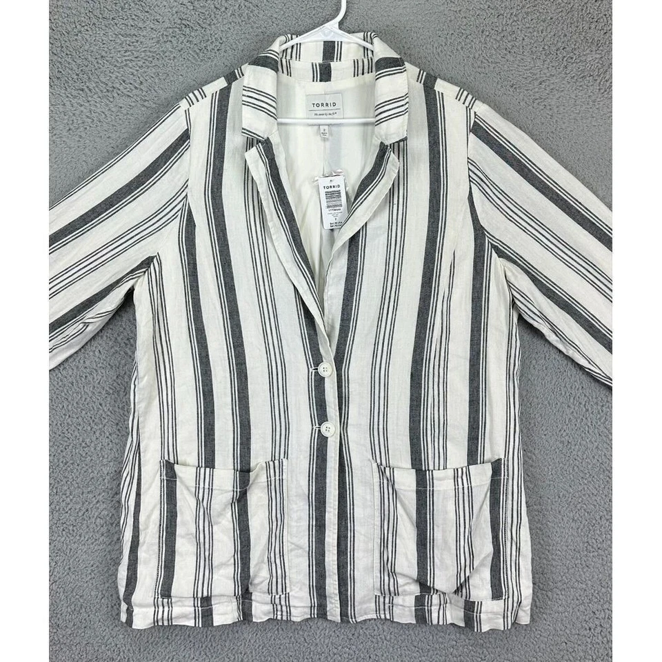 Blazer de lino torrido para mujer 2 abrigo a rayas blanco gris mezcla a rayas elástico NUEVO Foto 1 de 4