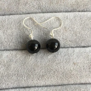 S925 8mm AAA Black Obsidian Dangle Earrings - Picture 1 of 2