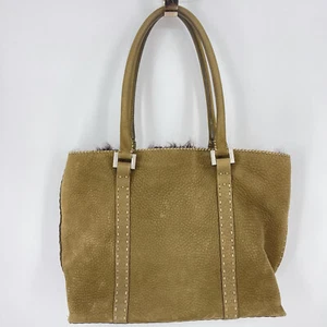 FALOR ITALY Purse Nubuck Leather Tan Brown Fur Trim Tote Bag Shoulder Handbag - Picture 1 of 12