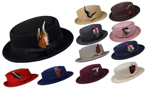 Men's Women Crush-able Wool Felt Porkpie Pork Pie Fedora Hats with Feather - Picture 1 of 31