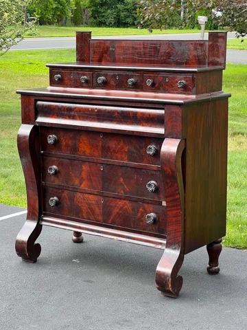 Antique Flame Mahogany American Empire Four Drawer Chest with Glove Box Cover