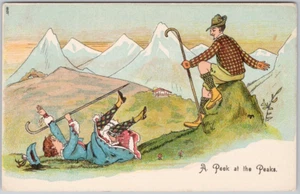 Postal de mujer caída 'A Peek At The Peaks' hombre cómic humor montañas D99 - Imagen 1 de 2