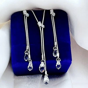 18K White Gold GF Made With SWAROVSKI Crystal Clear Double Chain Teardrop Set - Picture 1 of 5