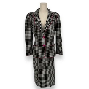 Vintage 1980s UNGARO Paris Houndstooth Blazer Skirt Set with Pink Trim, Size 6/8 - Picture 1 of 19