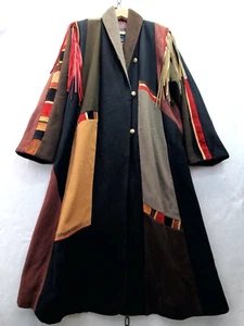 VTG 80s Santa Fe Recreations Unisex Full length Patchwork Fringe Wool Coat READ - Picture 1 of 17