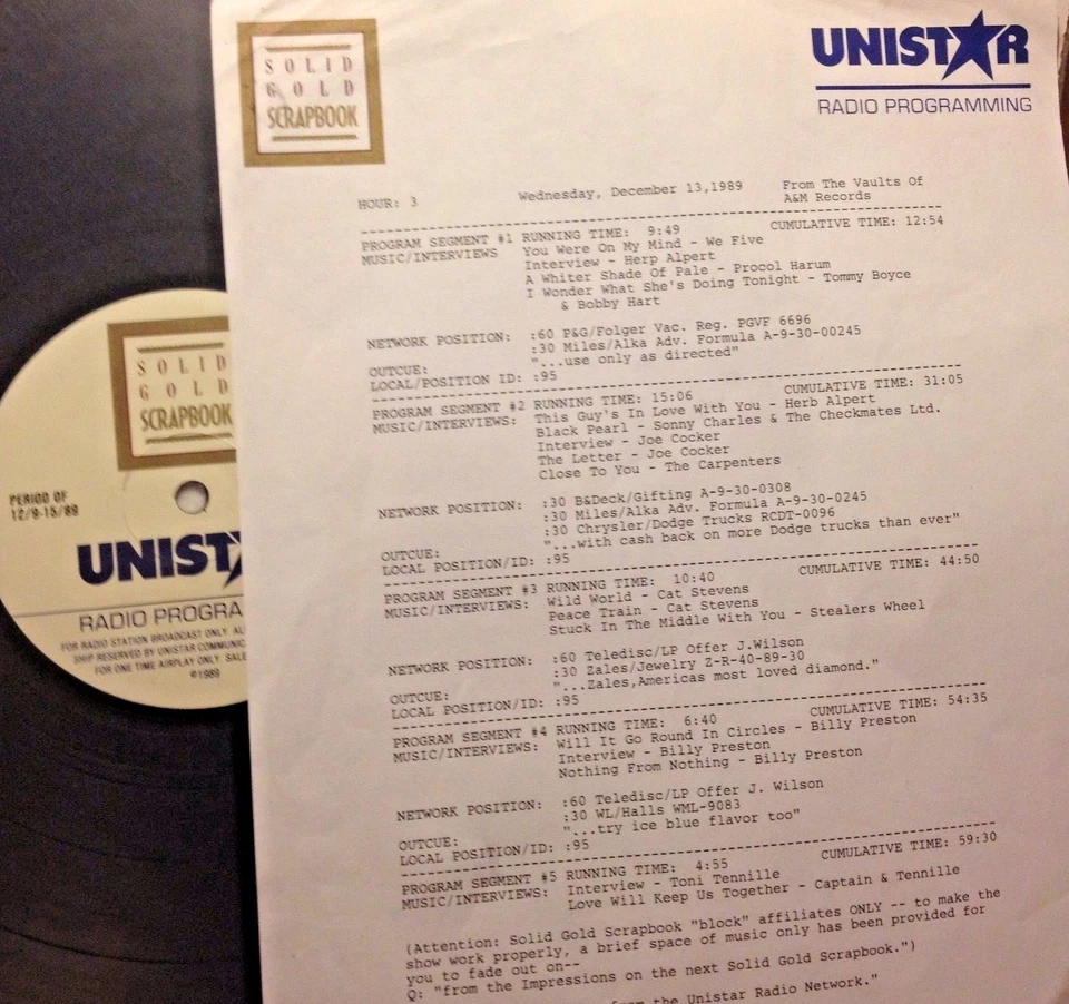 RADIO SHOW 12/13/89 A&M RECORDS: TONI TENNILLE, HERB ALPERT, BILLY PRESTON SET - Image 1 of 1