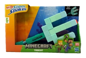 Nerf Super Soaker Minecraft Trident Water Blaster Pull Back Plunger Handle Kids - Picture 1 of 2