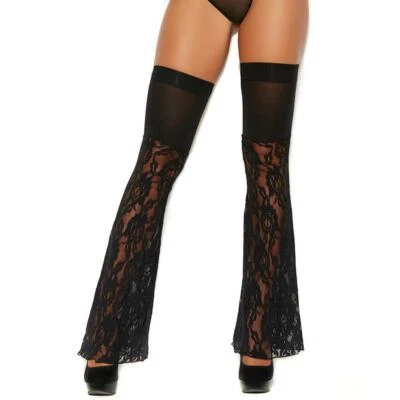 Flared Lace Leg Warmers Thigh High Bell Bottom Style Sheer Floral Black 82271 - Image 1 of 4