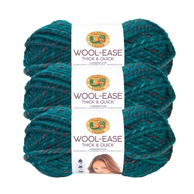 (3 Pack) Lion Brand Yarn 640-623D Wool-Ease Thick & Quick Bulky Yarn, DeepLagoon