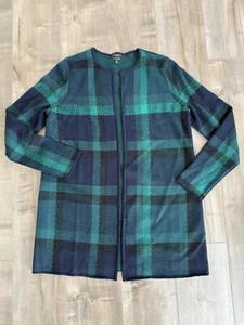 Talbots Petite Cardigan Merino Wool Medium Open Plaid Blue Green Buffalo Plaid - Picture 1 of 8