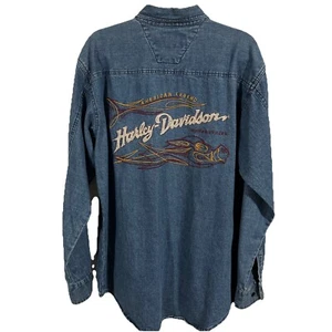Harley Davidson Denim Jean Shirt Embroidered Flame Motorcycles Vintage Men's M - Picture 1 of 5