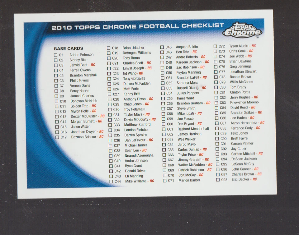 2011 Topps Chrome unmarked football checklist #1 - Image 1 of 1