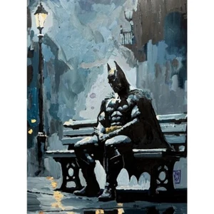 Original Impasto Batman Sad Keanu on Bench Textured Painting Art on Paper 12x16" - Picture 1 of 2