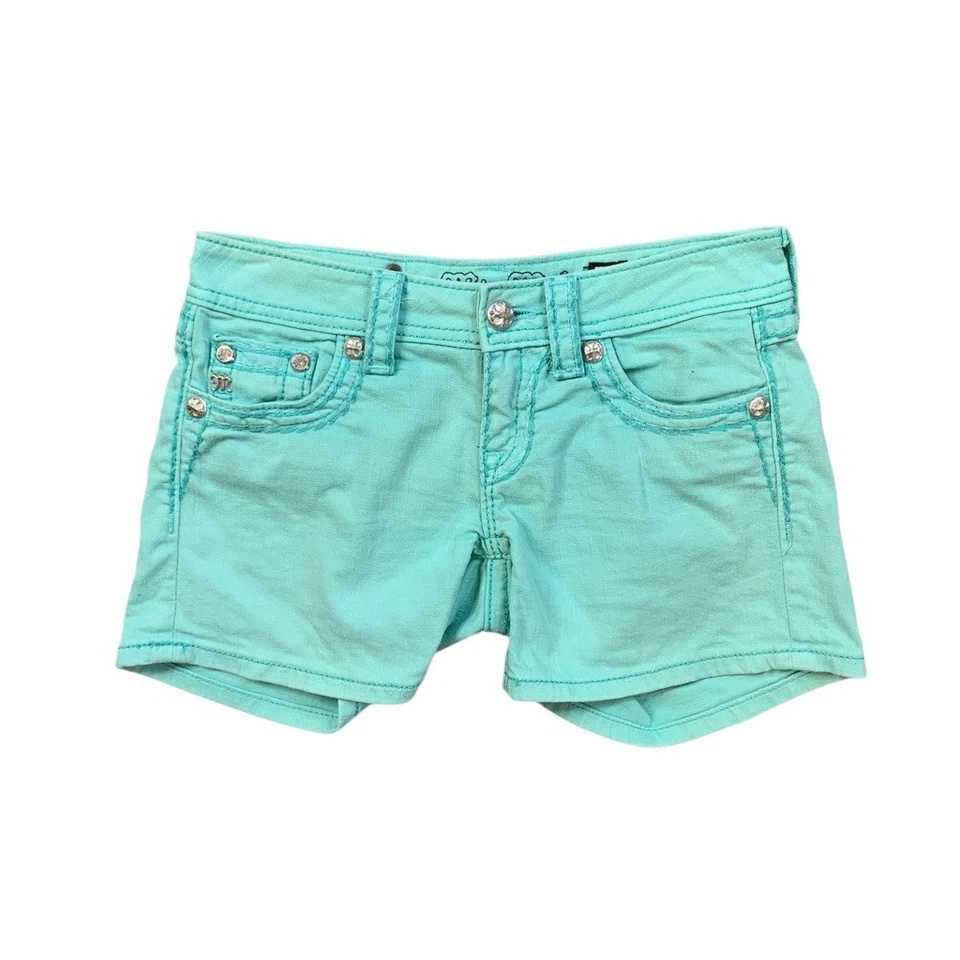 Miss Me Shorts Womens 25 Mint Studded Low Rise Denim Flap Pocket Stretch Zip Fly - Image 1 of 4