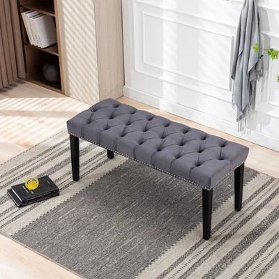 Gray Upholstered Tufted Bench Ottoman Velvet Bench Bedroom Bench Footrest Stool - Image 1 of 4