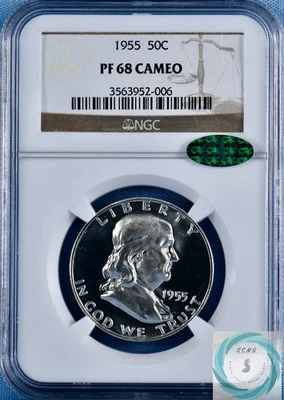 1955 Franklin Half Dollar NGC PF 68  CAMEO  w/CAC - Clean Mirrors & Thick Frost! - Image 1 of 4