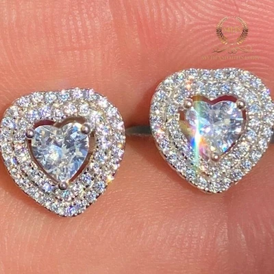 Moissanite Double Halo Stud Earrings 3 CT Heart Cut Solid 14K White Gold For Her - Image 1 of 4