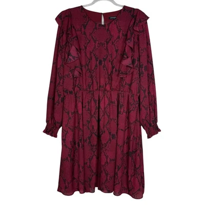 Banana Republic Dress Women XL Maroon Black Snake Print Long Sleeve Ruffle Lined - Image 1 of 4