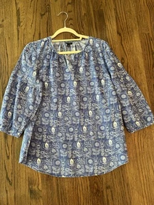 Talbots Womens Top Blouse 100% Linen Popover Tunic Size L Blue White Floral - Picture 1 of 6