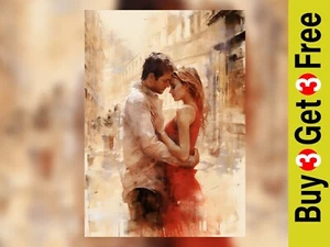 Abrazo eterno: beso de ciudad silenciado estampado de pintura en acuarela, arte romántico - Imagen 1 de 6